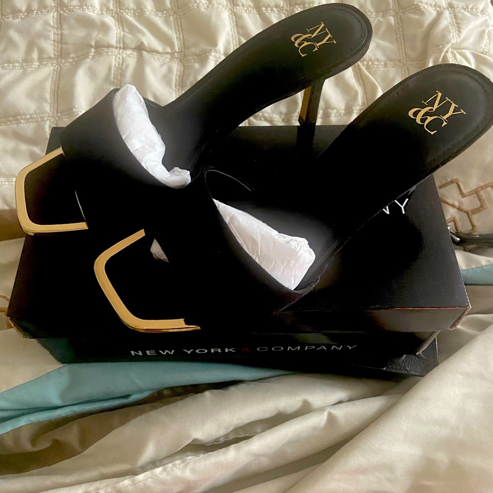 New York & Co. Black suede look mule, strapless heel with gold trim size 9.5
